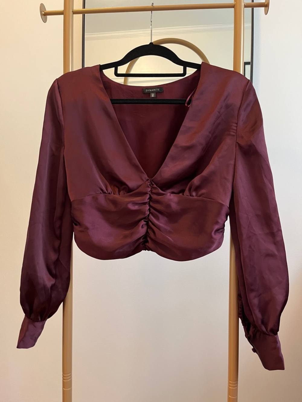 Dynamite Satin Burgundy Ruched V-Neck Crop Top